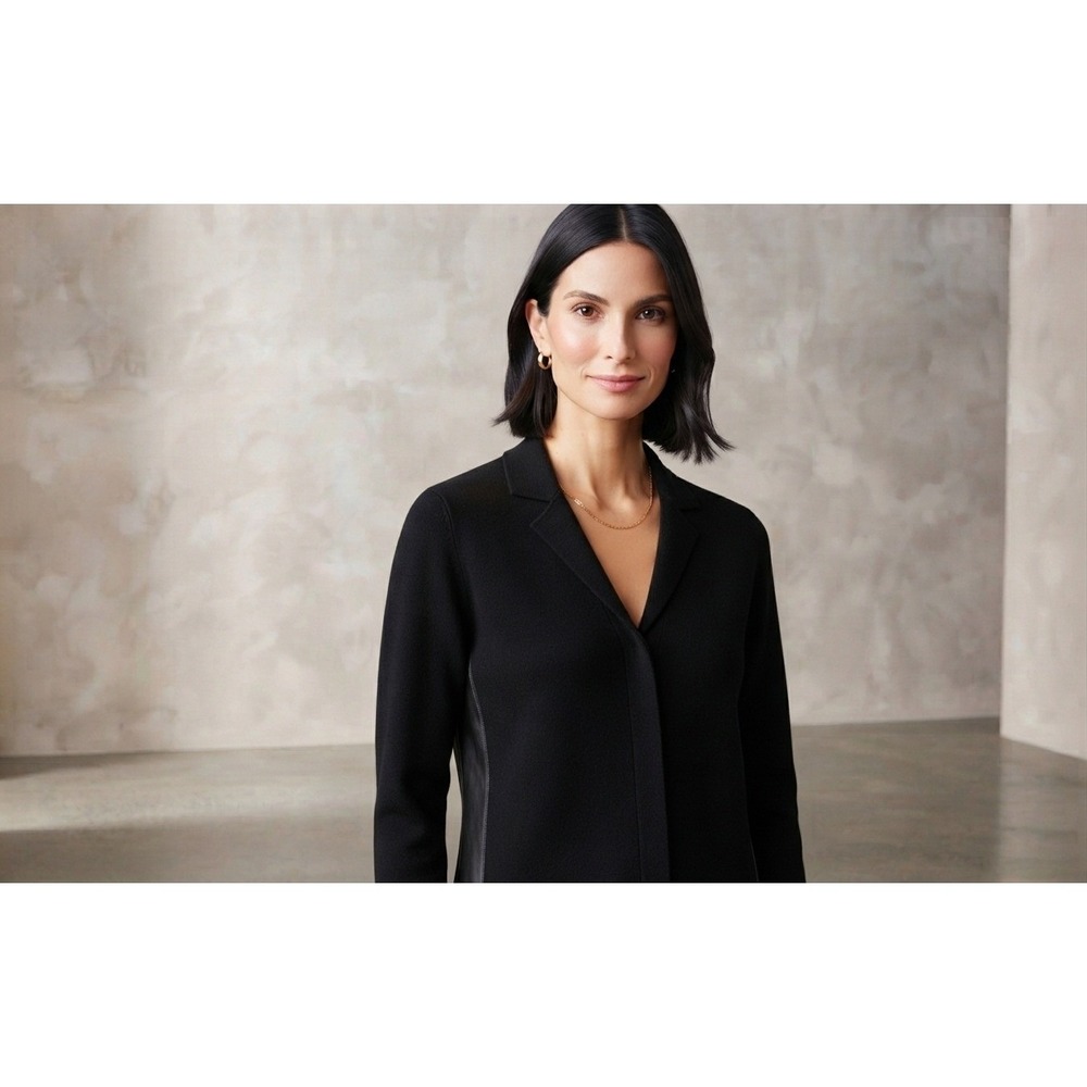 ESCADA SPORT Black 100% Wool Leather Trim Collared Cardigan Blazer Size S
